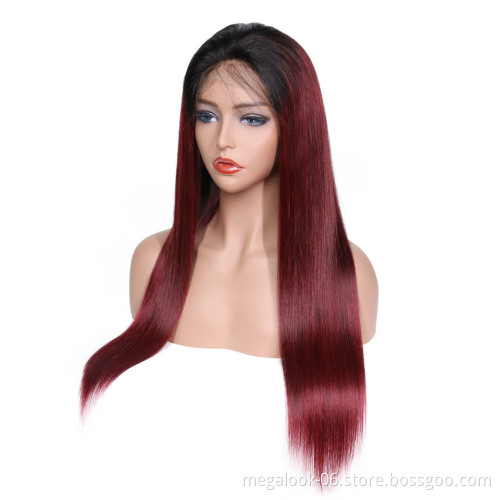 Natural Hairline And Baby Hair 99J Red Straight Preplucked Brazilian Virgin Lace Front Wig